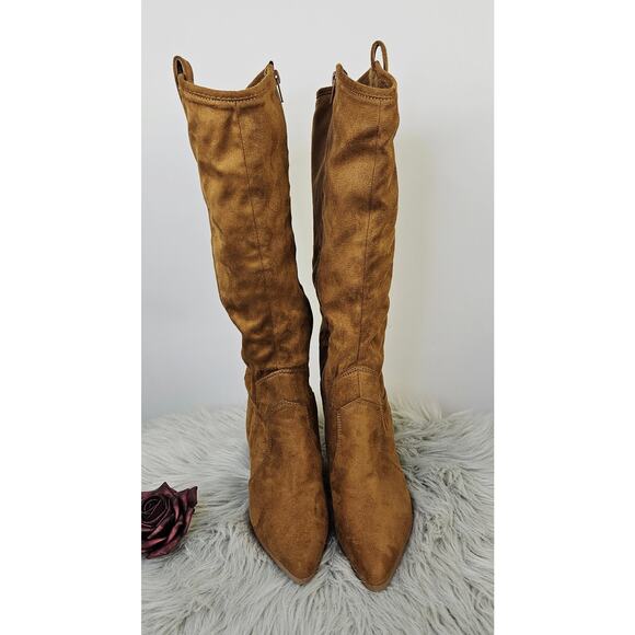 Cherish Lyndsy-11 Suede Knee High Boots Brown Block Heel Western Pointed Toe 5.5 - Picture 6 of 15